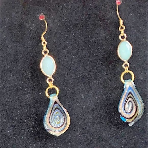 Unique Aquamarine stone dangle earring & Bracelet set - Blown glass dangle - - Picture 2 of 5